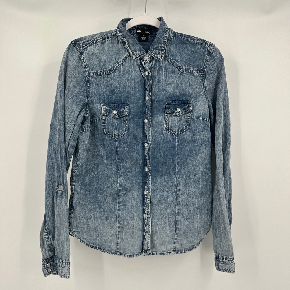 Wet Seal Womens Y2K Grunge Indie Denim Shirt Size M Boho Chambray Western